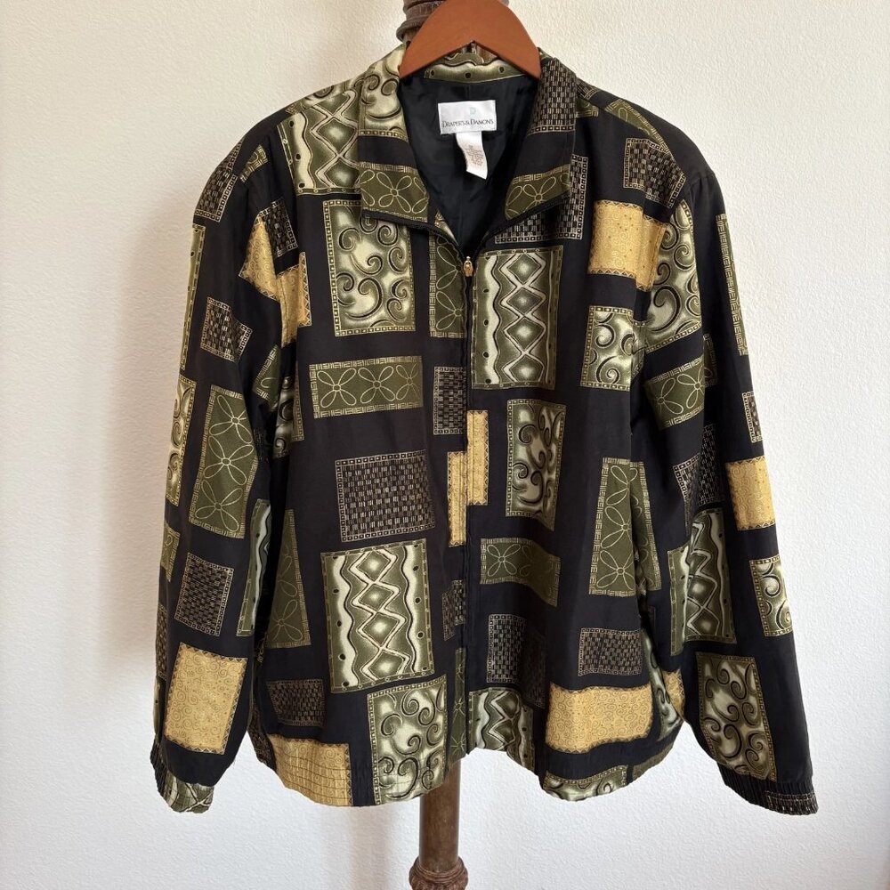 Draper's & Damon's Women's Size 3X Black/Green Mosaic Tile Bomber Jacket